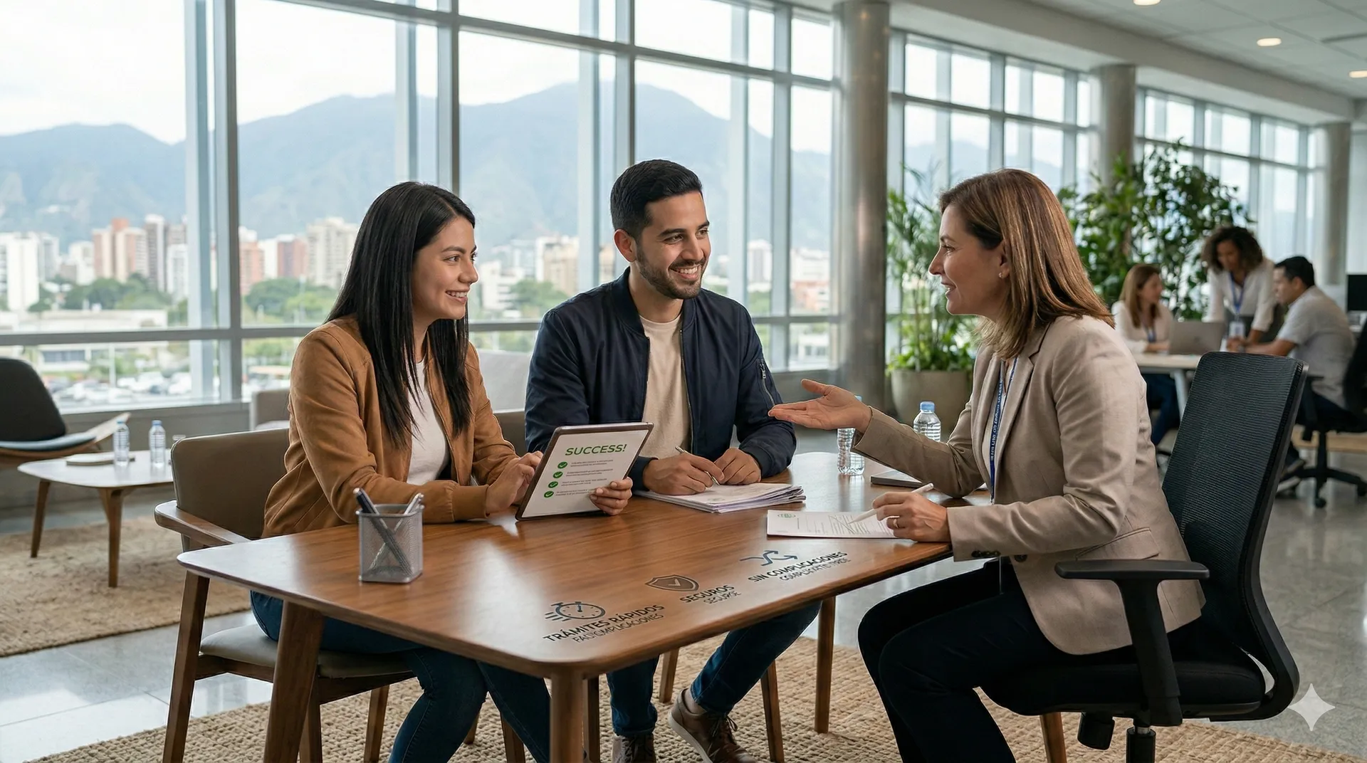 Asesoría personalizada: tres personas en una reunión de trabajo revisando documentos, con la ciudad y las montañas al fondo.