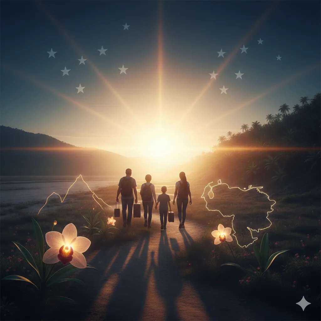 Familia caminando hacia el amanecer, sosteniendo linternas, con mapa de Venezuela y contorno de estrellas.