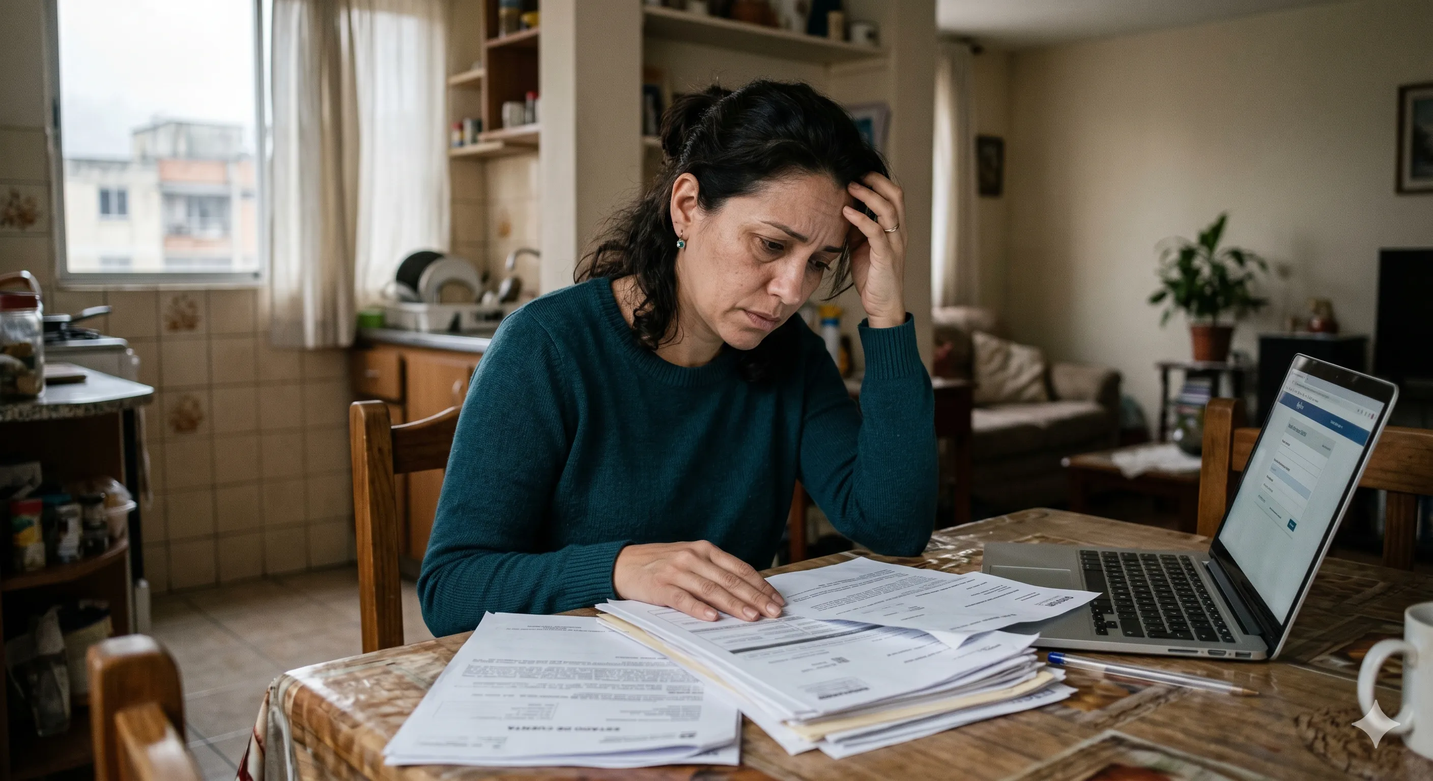 Mujer preocupada revisando formas migratorias en su mesa de trabajo.