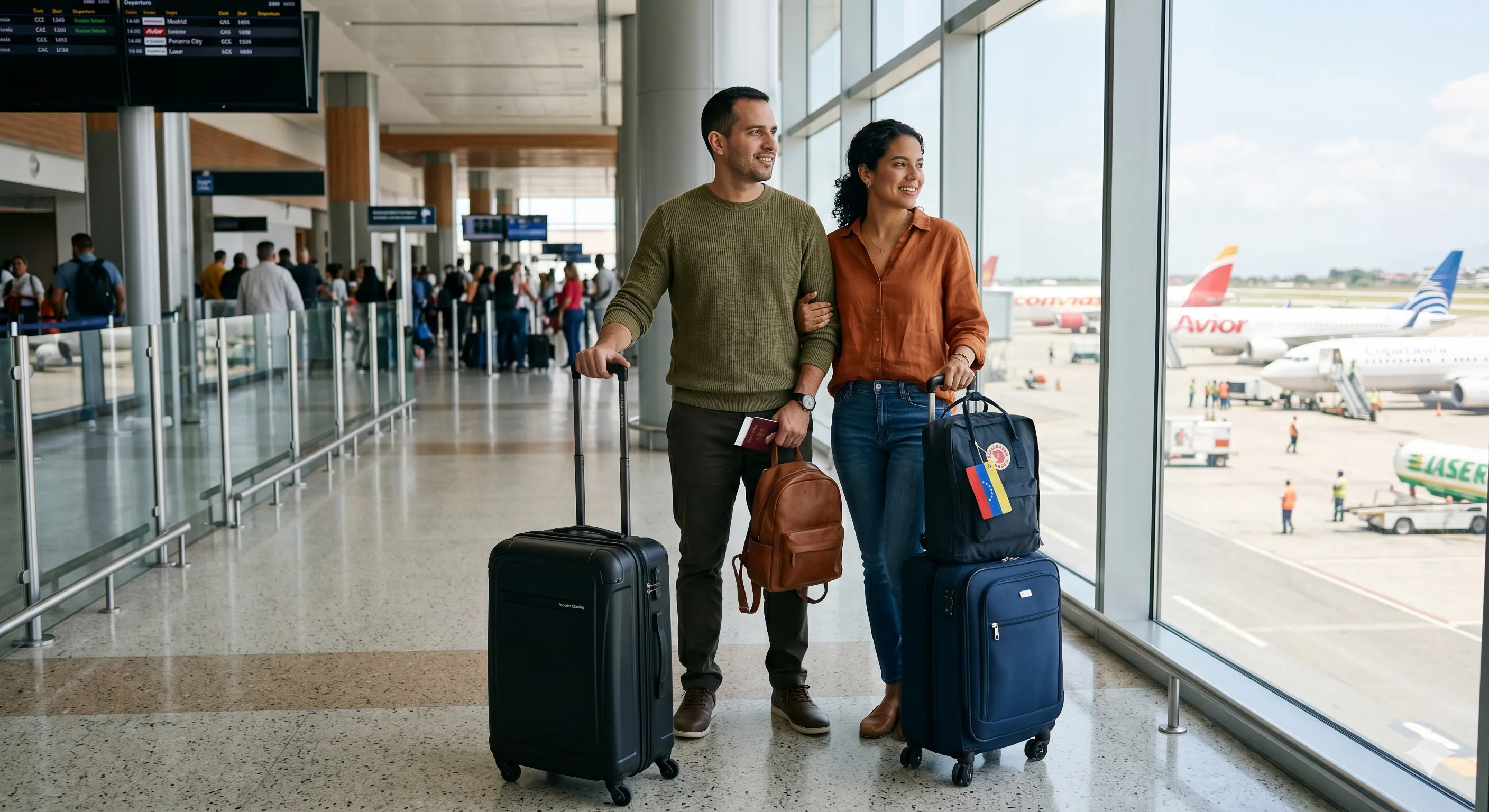 Pareja venezolana sonríe al llegar al aeropuerto de Venezuela con sus maletas.